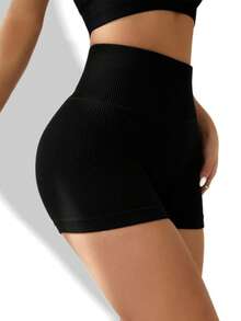 Women's High Stretch Sports Shorts High Waist Belly Breathable Quick Dry Suitable For Sports, Fitness, Yoga Black Shorts - 黑色 - 查看 4