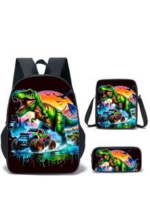 Juego de 3 mochilas escolares para niños y niñas, mochila con diseño de dinosaurio para estudiantes de escuela primaria, secundaria y preparatoria, con gran capacidad de 16 pulgadas, incluye bolsa para el hombro y estuche para lápices