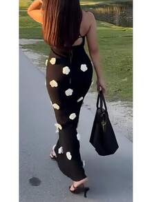 Women's Knit Maxi Dress Spaghetti Strap Floral Dresses Bodycon Knitted Beach Long Dress Backless Swim Cover Up Dresses - Black & White - View 4