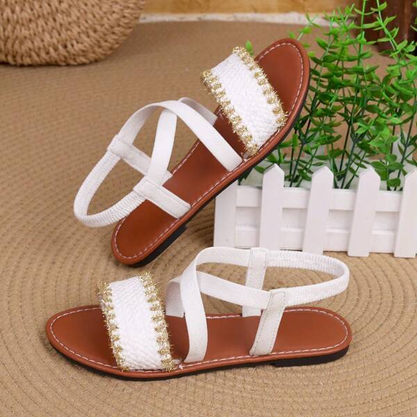 Women's Color Block Straw Woven Flat Sandals, Fashionable Boho Strappy Criss-Cross Street Style Beach Shoes, Suitable For Outdoor, Holiday, School, Summer