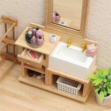 1pc 1:12 Doll House Bathroom Furniture Model, Wooden Vanity Sink + Cosmetic Set, Toys DIY Miniature Kit, Wooden Adult Furniture For Dollhouse, Miniature House Decor Accessories, Doll House Playset