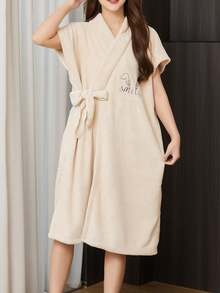 1 件珊瑚绒菠萝图案可爱刺绣无袖长袍，女士裹身式浴袍，柔软吸水家居服，开学季适用 - 紫色 - 查看 10