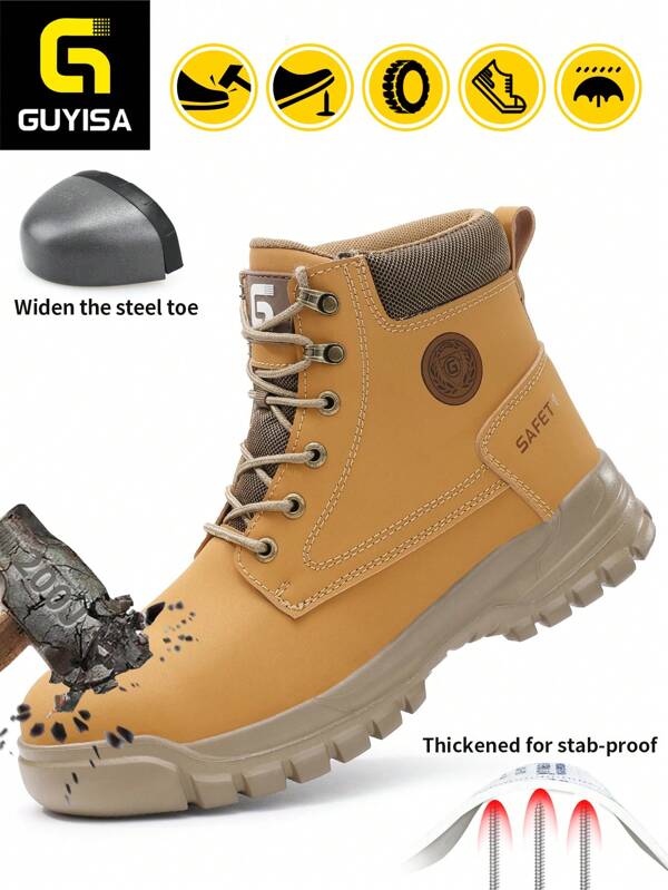 GUYISA Safety Shoes, Anti-Smashing & Anti-Piercing High-Top Brown Protective Work Shoes With Rubber Sole, Lightweight, Soft And Fashionable