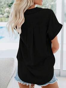 Camisas casuales de mujer de manga corta y abotonadas 2025 Moda de verano Camisa de algodón y lino con bolsillo - Verde militar - Ver 6