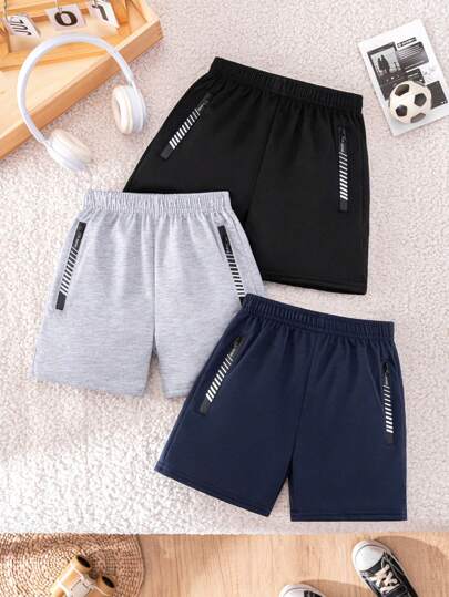 3 Pairs Young Boy Casual Versatile Practical Graphic Zip Pocket Shorts, Suitable For Daily, Sports, And Vacation