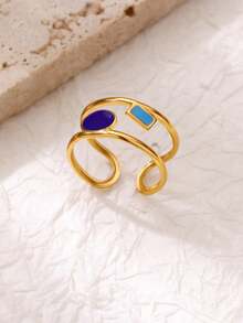 1 件油滴双层几何戒指女士不锈钢金色戒指 2025 新款婚礼结婚情侣首饰 - 彩色 - 查看 4