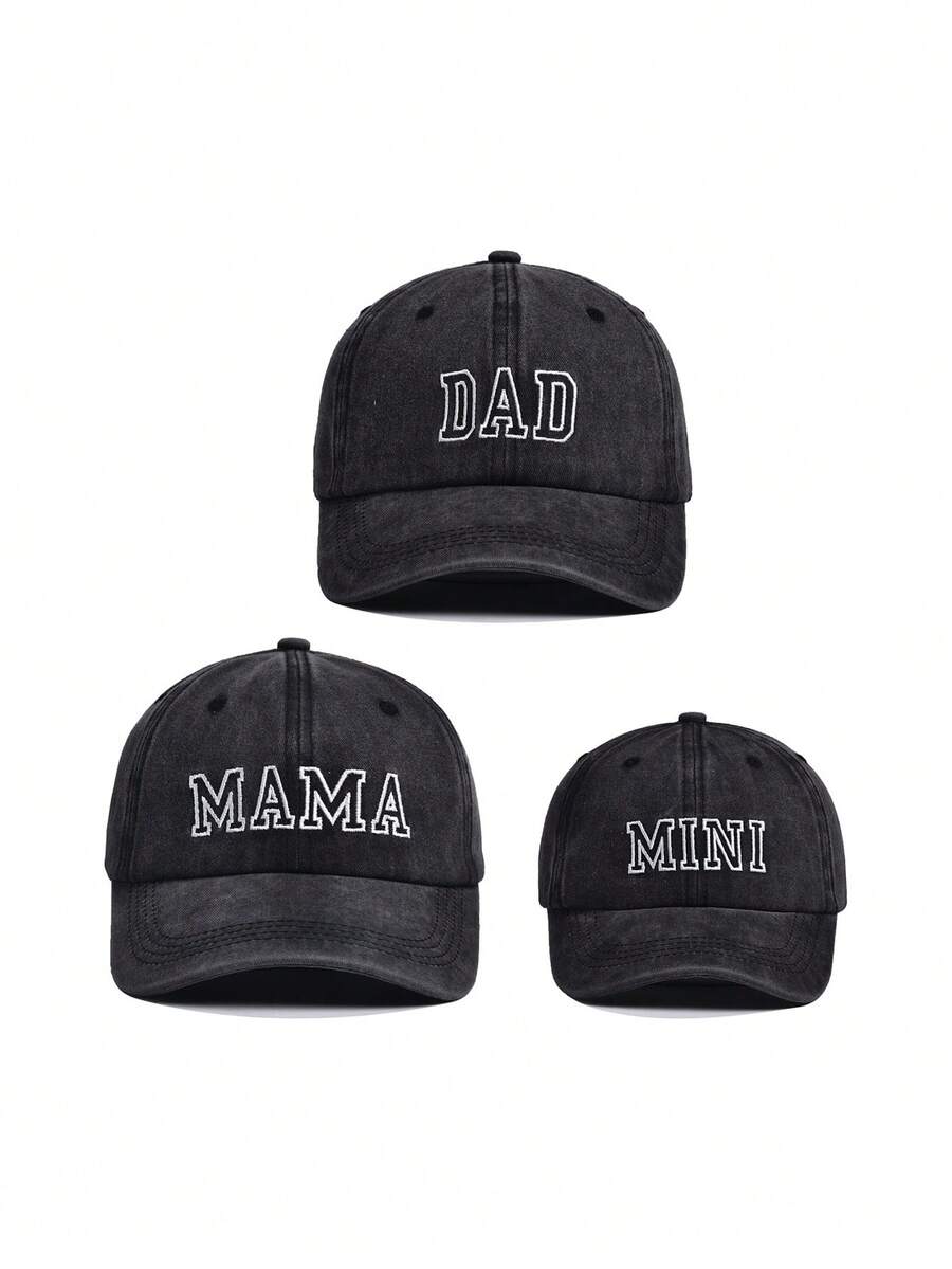 3pcs Set Dad, Mom & Baby Matching Embroidered "DAD", "MAMA", "MINI" Letter Baseball Caps, Suitable For Parents, Children, Family Use, Suitable For Mother's Day, Father's Day, Children's Day - Black Three Piece Suit - View 1