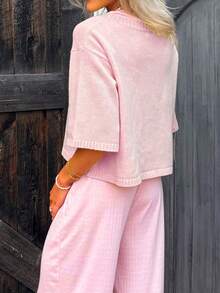 Women Short Sleeve Cropped Cardigan Crew Neck Button Down Ribbed Knitted Pullover Sweaters Y2K Going Out Sweater - Hồng - Xem 6