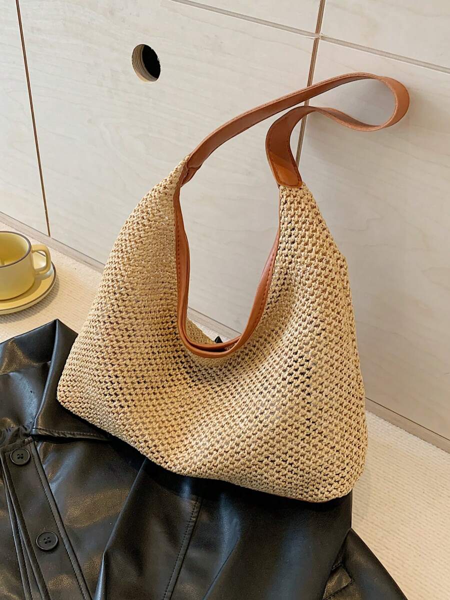 Túi Tote Đi Biển Dệt Màu Trơn Có Sức Chứa Lớn - màu nâu - Xem 1