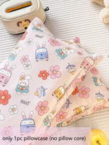 1pc Rabbit, Flower, Car Pattern Pillowcase, Cartoon Cute 100% Cotton Pink Pillowcase, Moisture Wicking Breathable Wide Envelope Pillowcase, (Without Inner), For Children & Teenagers, Suitable For All Seasons