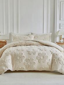 春夏新款剪花床罩套装2/3件套（1床罩+1/2枕套）簇绒四叶草立体花朵图案设计四季卧室床上用品套件含拉链和角带男女适用