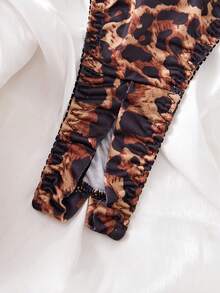 2 件性感夜店豹纹金属链衬垫文胸和内裤套装，可调节肩带，聚拢和乳沟效果，内衣，狂欢 - 咖啡棕 - 查看 5