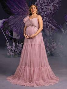 Faeriesty Dressalisa Elegant Plus 孕妇不对称领口褶饰紧身胸衣超大薄纱裙，带荷叶边饰袖，适合夏春场合（婚礼嘉宾、正式晚宴、花园派对、孕妇写真、晚会）