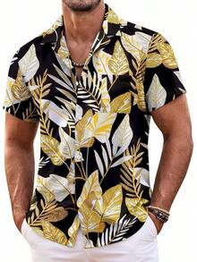Mens Hawaiian Shirt Short Sleeve Floral Button Down Shirts Tropical Summer Beach Shirts Camp Collar Shirthalloween - 黑色-棕櫚葉 - 查看 1