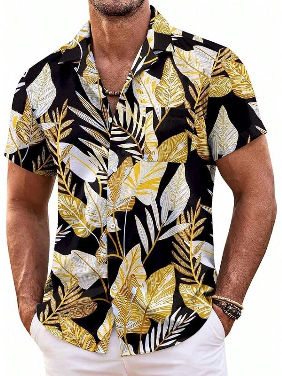 Mens Hawaiian Shirt Short Sleeve Floral Button Down Shirts Tropical Summer Beach Shirts Camp Collar Shirthalloween - 黑色-棕櫚葉 - 查看 1
