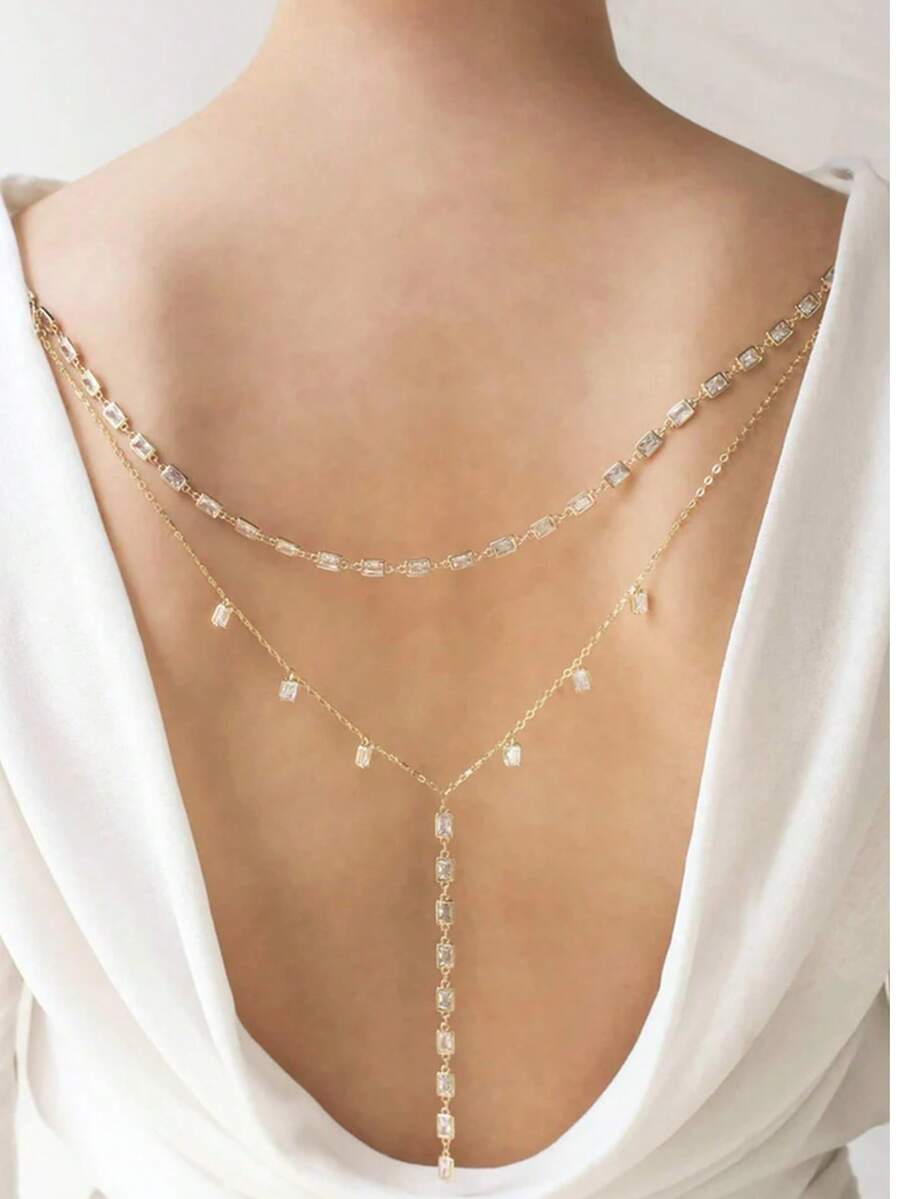 New Style Double-Layered Rhinestone Tassel Long Necklace, Y-Shaped Minimalist Body Chain For Women - Gold - View 1