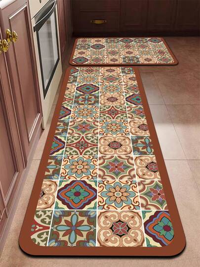 1pc Silica Gel Kitchen Floor Mat, Beige Color Block & Printed Pattern, Classic Elegant Style Cushioned Anti-Fatigue Kitchen Mat/Rug, Absorbent & Easy To Clean, About 3mm Thick, Can Be Customized, Durable & Comfortable Silica Gel Rubber Mat, Top Fabric, Middle Sponge, Bottom Rubber Material, Suitable For Kitchen, Bathroom, Entryway, Laundry Room Etc.