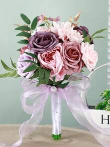 1pc Gorgeous Color Block Design Wedding Bouquet, Bride/Bridesmaid Handheld Flower, Roses With Ribbons & Lace Valentine's Day Accessories - White - View 19