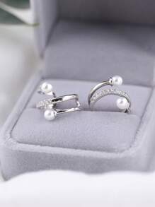 1 Pair Minimalist Fashionable Dual-Layer Zirconia Pearl Clip-On Earrings, Geometric Ear Cuff Non-Pierced High-End Design, Versatile Elegant Style Earrings For Women, Suitable For Everyday Wear, Summer And Beach