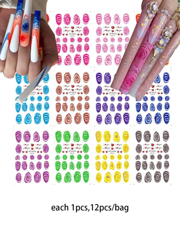 12pcs/Set Valentine'S Day Rose Nail Stickers Full Cover French Blooming Flower Sliders For Nails Self-Adhesive Decora Manicure