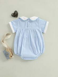 Baby Girl Summer Romper Loose Fit Sailboat Embroidery Plaid Smocked Doll Collar Short Sleeve Infant Jumpsuit - 藍色 - 查看 2