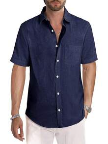 Men's Casual Stylish Short Sleeve Button-Up Striped Dress Shirts Cotton Beach Shirt-20256688 - 深藍色 - 查看 1