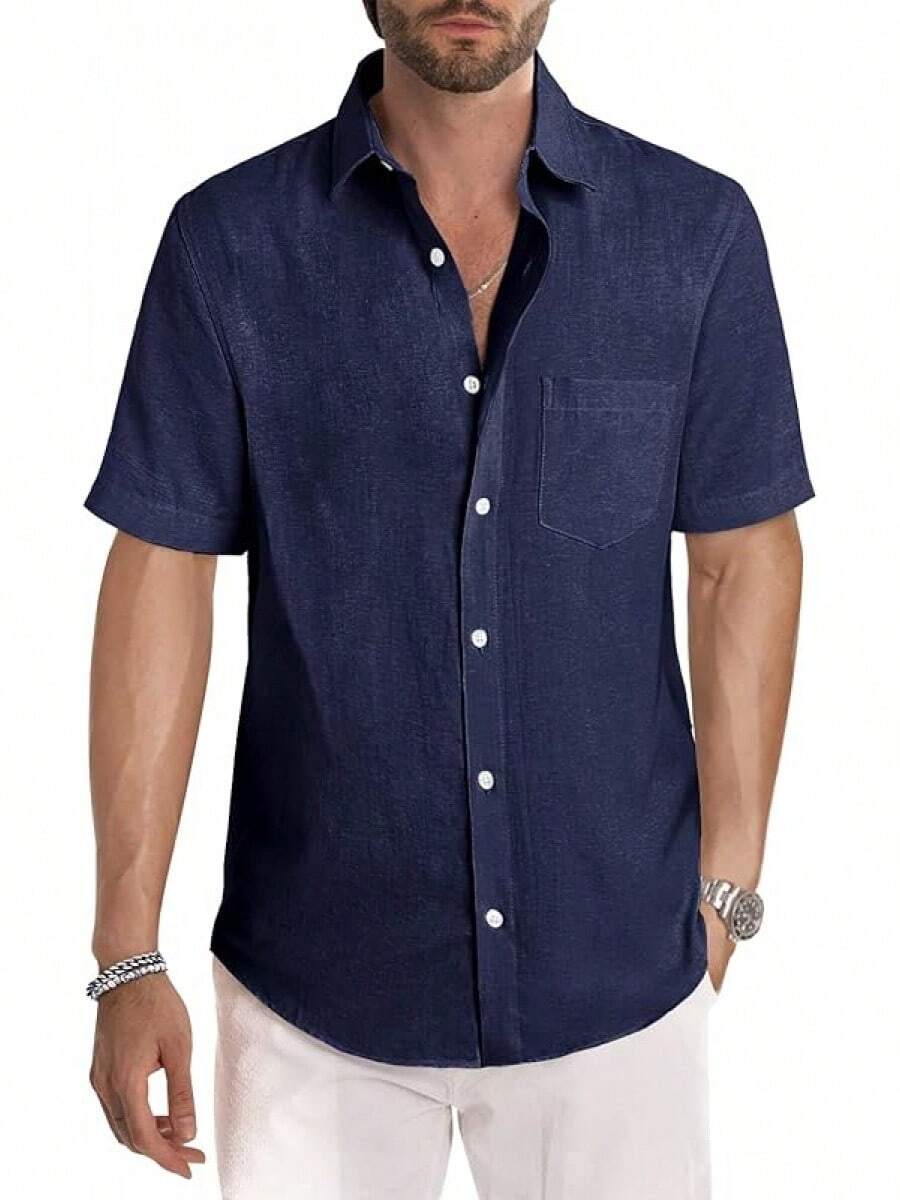 Men's Casual Stylish Short Sleeve Button-Up Striped Dress Shirts Cotton Beach Shirt-20256688 - 深藍色 - 查看 1