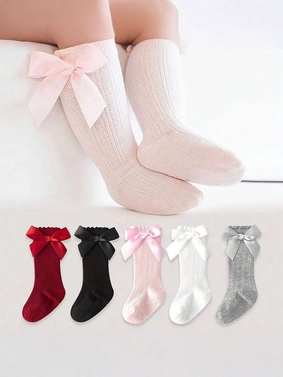 5 Pairs Of Knee-High Socks For Baby Girls Decorated With Bows, Princess-Style Long Socks For Toddlers, Cute Socks For Girls.Available In Multiple Color Combinations, Including Red, White, Black, Pink And Gray. - Multicolor - View 1