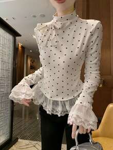 蝴蝶结和波点半高领T恤，秋季修身蕾丝边长袖上衣