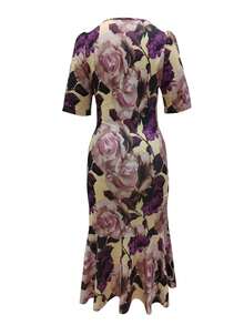 Đầm nữ kiểu retro in hoa, xếp ly ở gấu, chất liệu vải dệt kim mùa hè, cổ tròn, pha polyester spandex. - Màu tím - Xem 3