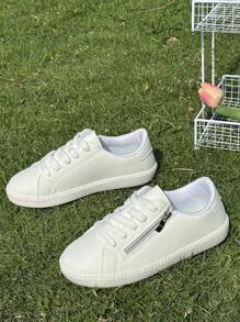 1 Pair Kids PU Leather Lace-Up Side Zipper Classic Student Shoes, Thick Sole Non-Slip Wear-Resistant Comfortable Soft Bottom Casual Sports Sneakers, Suitable For All Seasons