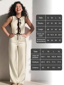 Conjunto de chaleco casual para mujer, que incluye un top sin mangas con pajarita y pantalones rectos sólidos sueltos, este conjunto de top y pantalón sólido es perfecto para el uso diario, el trabajo y las vacaciones - Albaricoque - Ver 9