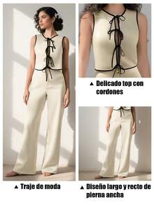 Conjunto de chaleco casual para mujer, que incluye un top sin mangas con pajarita y pantalones rectos sólidos sueltos, este conjunto de top y pantalón sólido es perfecto para el uso diario, el trabajo y las vacaciones - Albaricoque - Ver 7