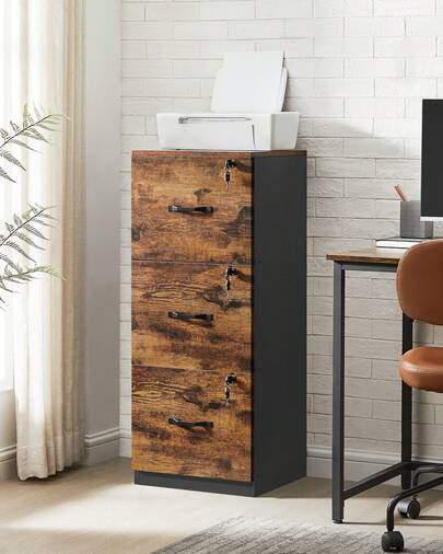 Caisson de Bureau à 3 Tiroirs, Meuble de Rangement de Document, Support d'Imprimante, 3 Tiroirs Verrouillables, Rail de Suspension Réglable, pour Dossiers A4, Marron Rustique et Noir