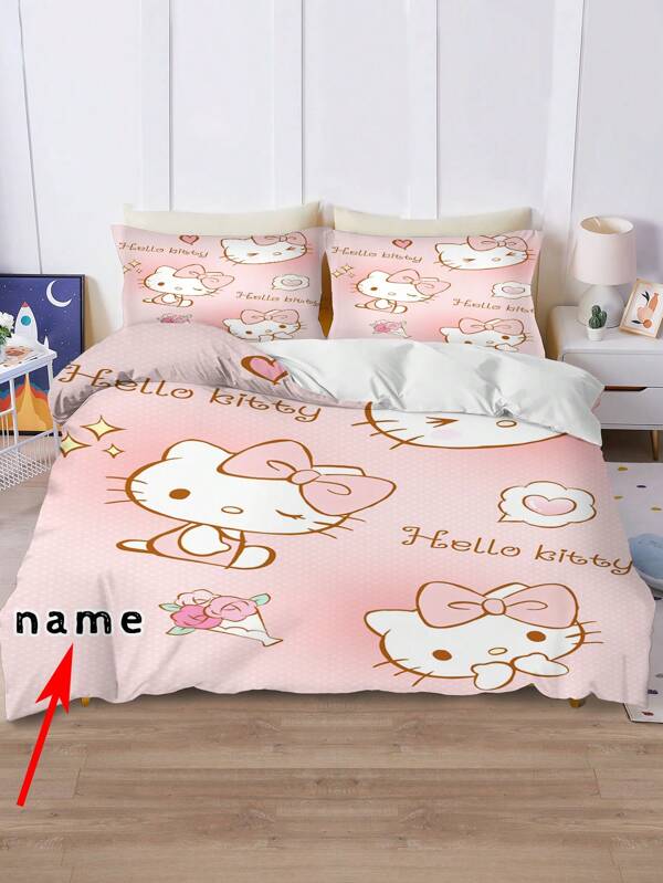 Sanrio 4 pièces Ensemble personnalisé de quatre pièces (1 housse de couette, 2 taies d'oreiller et 1 drap-housse) avec un joli ensemble de literie avec un chat de dessin animé et un nœud floral, en tissu polyester respirant, convenant pour toutes les saisons comme housse de couette et drap-housse