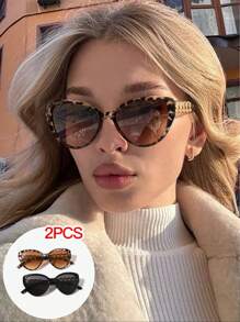 2 Stück Damen elegante Katzenauge-Schnitt Beine modische Leopardenmuster Sommer Sonnenbrillen, geeignet als Y2K-Accessoire und Geschenk zur Graduierung