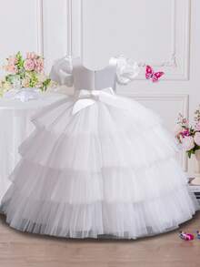 Vestido formal de media longitud para niños, vestido de boda de verano con mangas abullonadas para niñas, vestido de baile de princesa con bordado de lentejuelas y tul brillante, adecuado para actuaciones y como anfitrionas - Blanco - Ver 3
