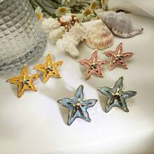 1 Pair Summer Fashion Enamel Drip Oil Starfish Stud Earrings, Suitable For Women Casual Beach Wear Decoration Earrings