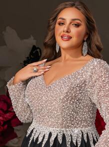 VIPGIRL Abendkleid in Große Größen mit langen Ärmeln und Glitzer, bodenlanges schwarzes Tüllkleid mit paillettenbesetztem Oberteil, elegantes Abendkleid für Frauen mit V-Ausschnitt, Abiball-Kleid mit Schlitz, funkelndes Partykleid für Gala & Hochzeitsgäste