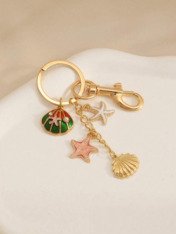 A Summer Ocean Style Starfish Shell Women's Keychain, Retro Elk Inlaid Turquoise Keychain