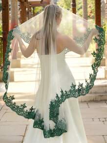 Short Single-Layer Soft Sheer Green Embroidered Lace Trim Edge Headpiece Bridal Veil Wedding Accessory For Women, Outdoor, Bachelorette Party Face Veil
