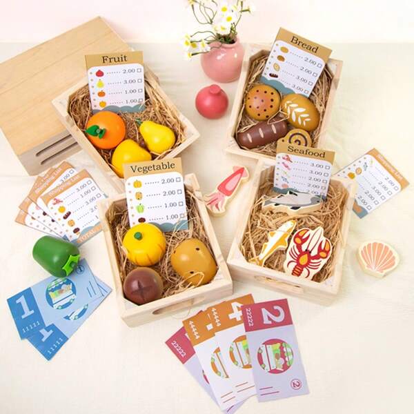 Juego de comida de juguete de madera - Juguete de juego de roles realista de verduras, frutas, pan y mariscos para niños, regalo para el desarrollo temprano de la educación e intelectual