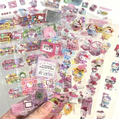 Sanrio 5sheets Sanrio Cute Cartoon HelloKitty Anime Stickers DIY Mobile Camera Luggage Stickers Fashion Kawaii Japanese Decorative Stickers Girls Gifts School Supplies, Back To School