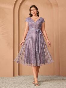 Mgiacv High-End Evening Gown With V-Neck, Airplane Sleeve, And Drawstring Flare Bottom Party - Dusty Pink - View 3