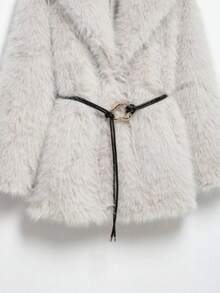 DEEKA New Autumn/Winter Faux Fur Trim Mid-Length Thick Warm Coat With Belt - Beige - View 7