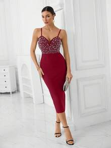 Bernatova 勃艮第可调节细肩带刺绣泡泡珠女式性感俱乐部紧身连衣裙，优雅鸡尾酒半正式舞会礼服，适合生日、名人派对、毕业典礼、晚宴 - 酒紅色 - 查看 4
