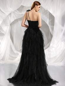 Elegant Sleeveless Asymmetric Neckline Mesh Fabric Long Formal Gown With Ruffle And Slit, Charming Women Graduation Dress - Black - View 2