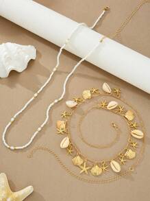 2pcs Set Bohemian Style Starfish & Shell Pearls Women Waist Chain Suitable For Beach Vacation, Holiday Gift