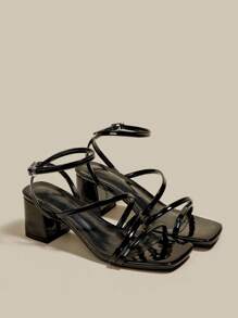 Sandalias de tacón con plataforma y tiras cruzadas en X negro con puntera abierta para mujer, sandalias de tacón alto tipo gladiador con cordones para el verano