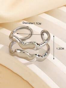COINBUFF 1pc Minimalist Double Layer Line Wave Textured Stainless Steel Plated Gold Adjustable Open Ring For Women - Silver - View 16